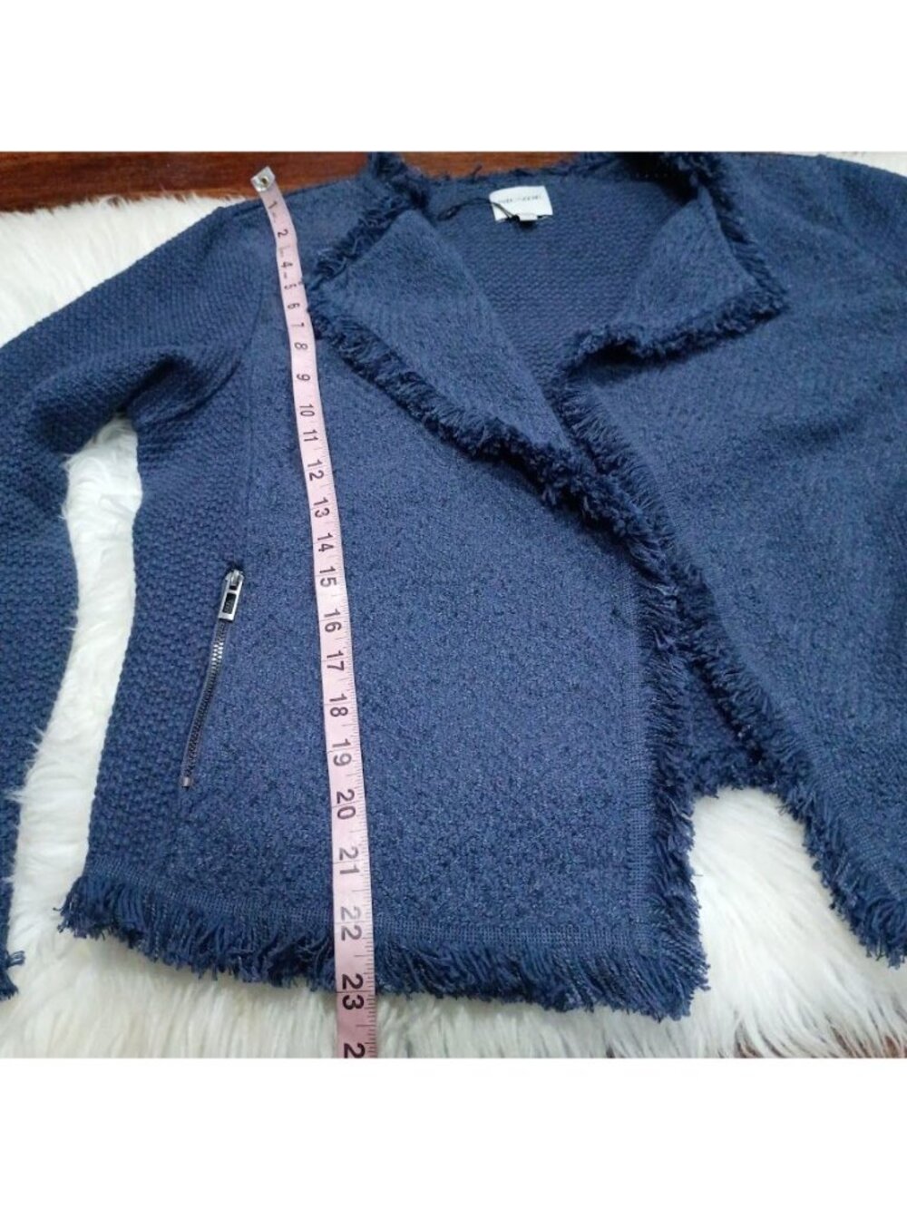 Nic + Zoe Fringe Knit Jacket L Blue Open Front Fringe Boho Cardigan - Picture 10 of 12
